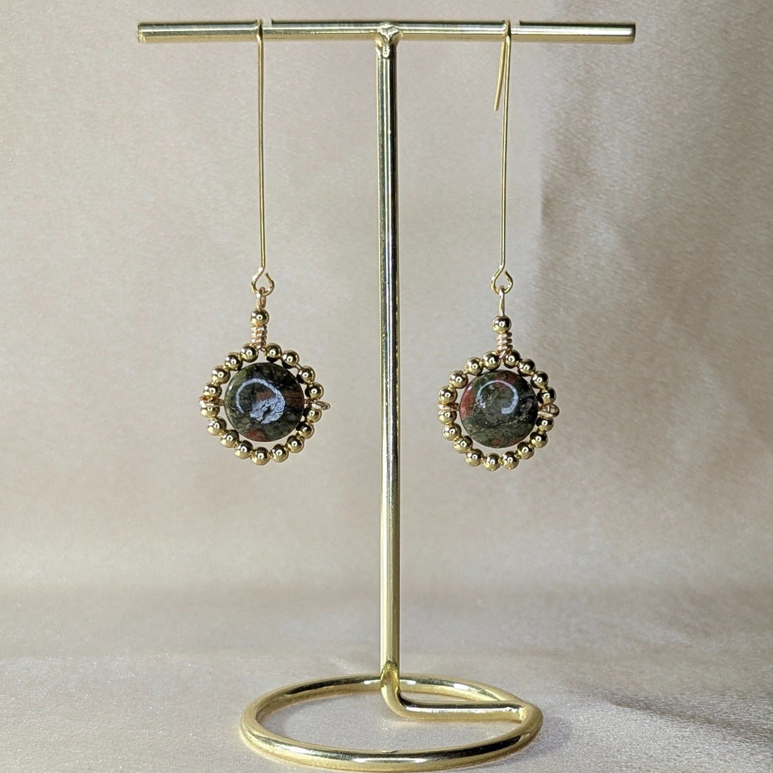 Unakite Coin Bezel Drop Earrings