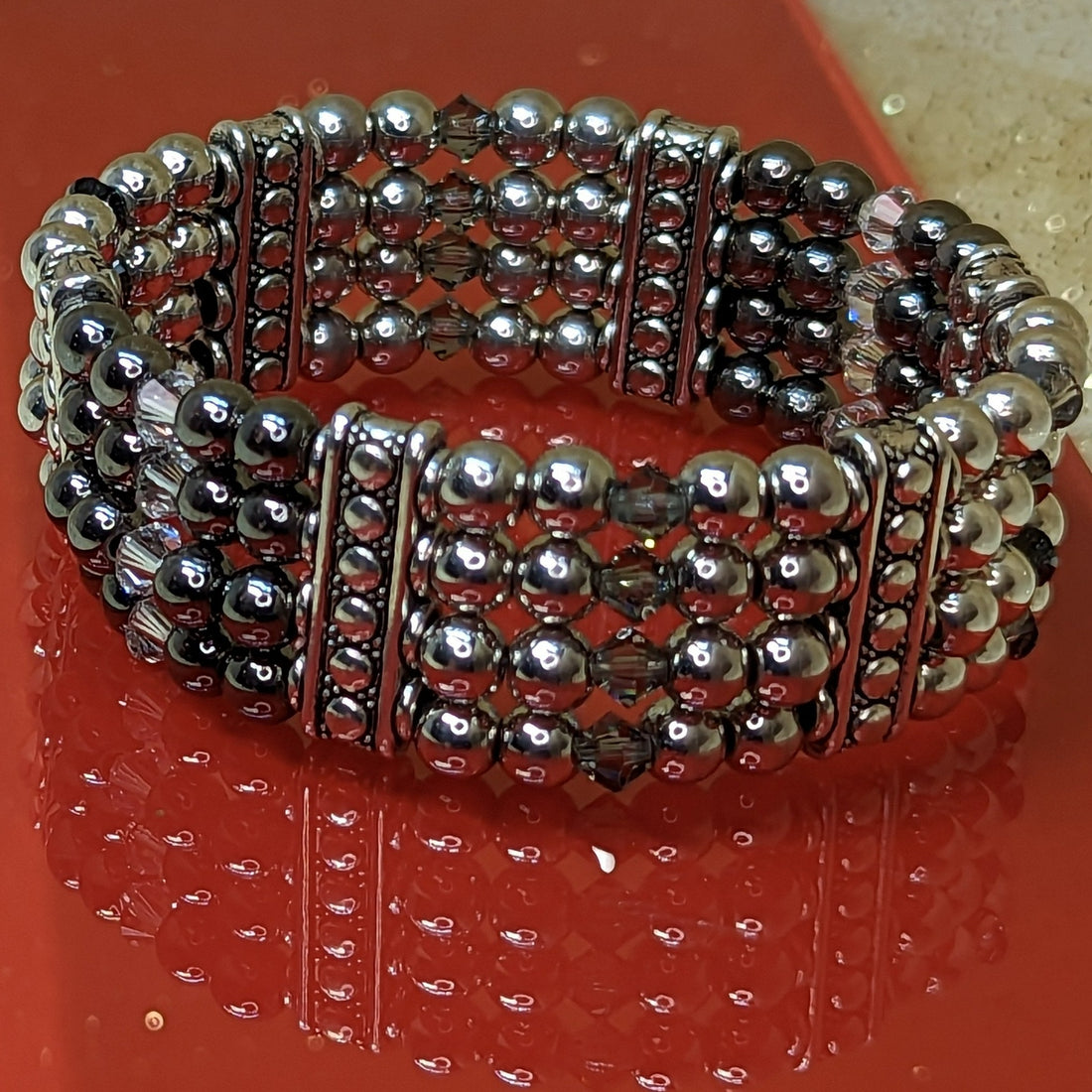 Bracelet:  4 Row Lightweight Electroform and Crystal Stretch Bracelet