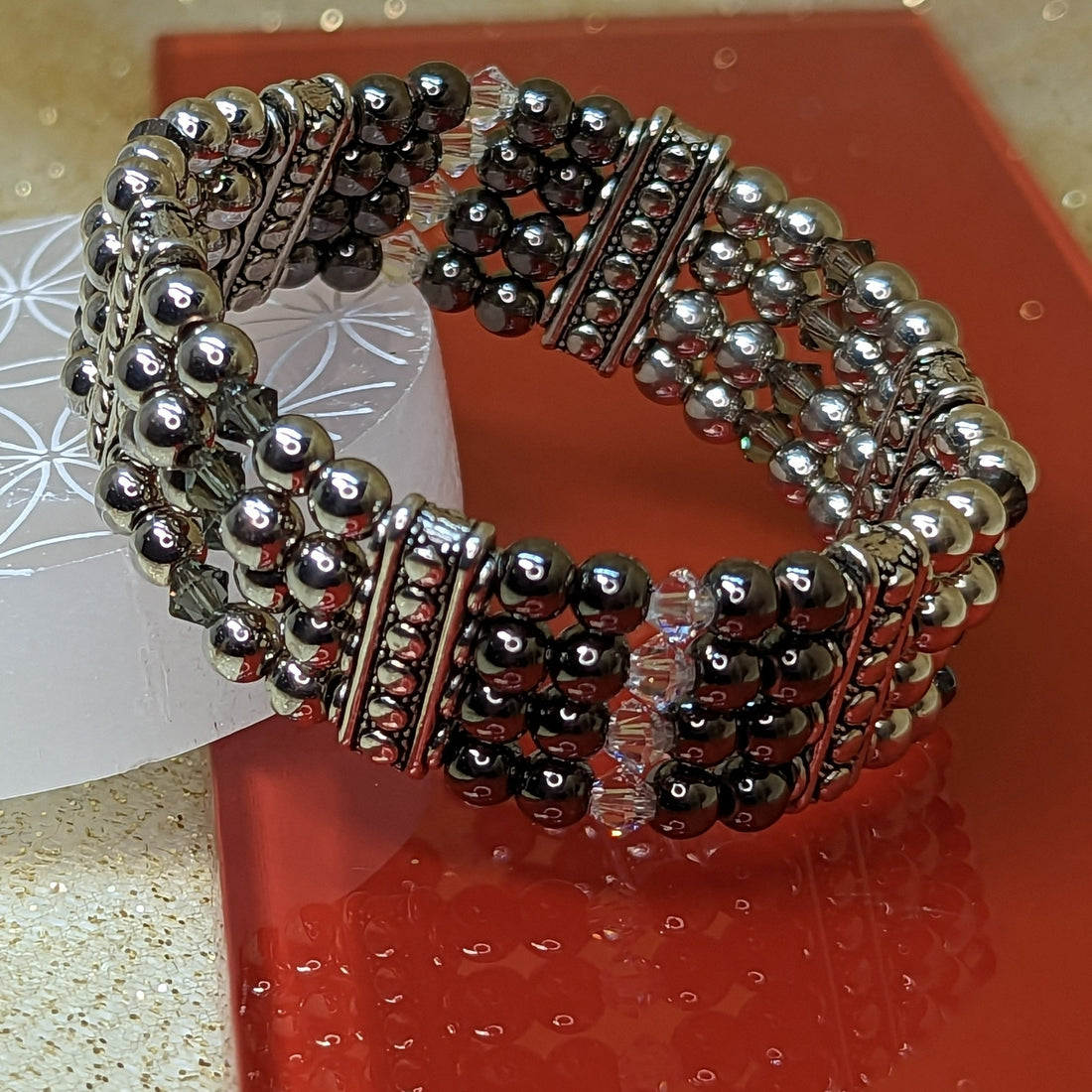 Bracelet:  4 Row Lightweight Electroform and Crystal Stretch Bracelet